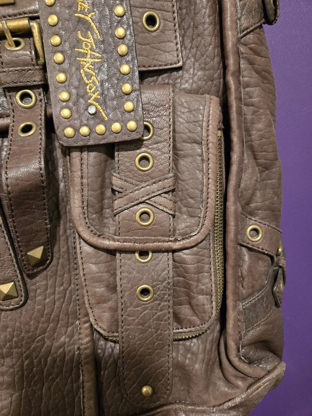 Betsey Johnson Brown Stud-Embellished Leather Shoulder Bag